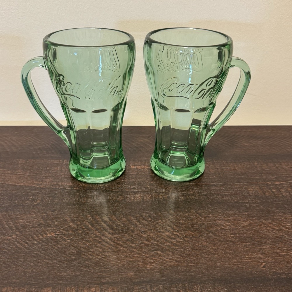 2 Vintage Libbey 14 oz. Coca Cola Green Tinted Glasses w/ Handle - Coke Tumblers